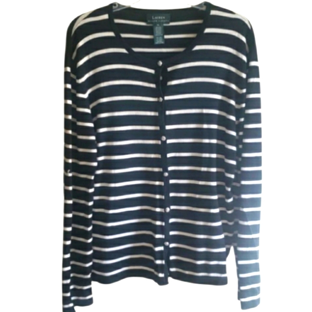 Lauren Ralph Lauren Striped Button Down Cardigan Navy/Blk White Silver Size XL